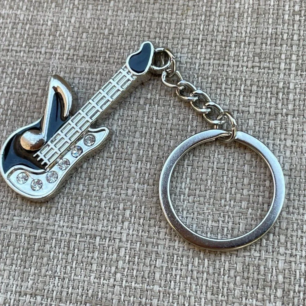 Guitar Key chain Silver/Black Tone Fashion Jewelry Keys Holder Crystals accent